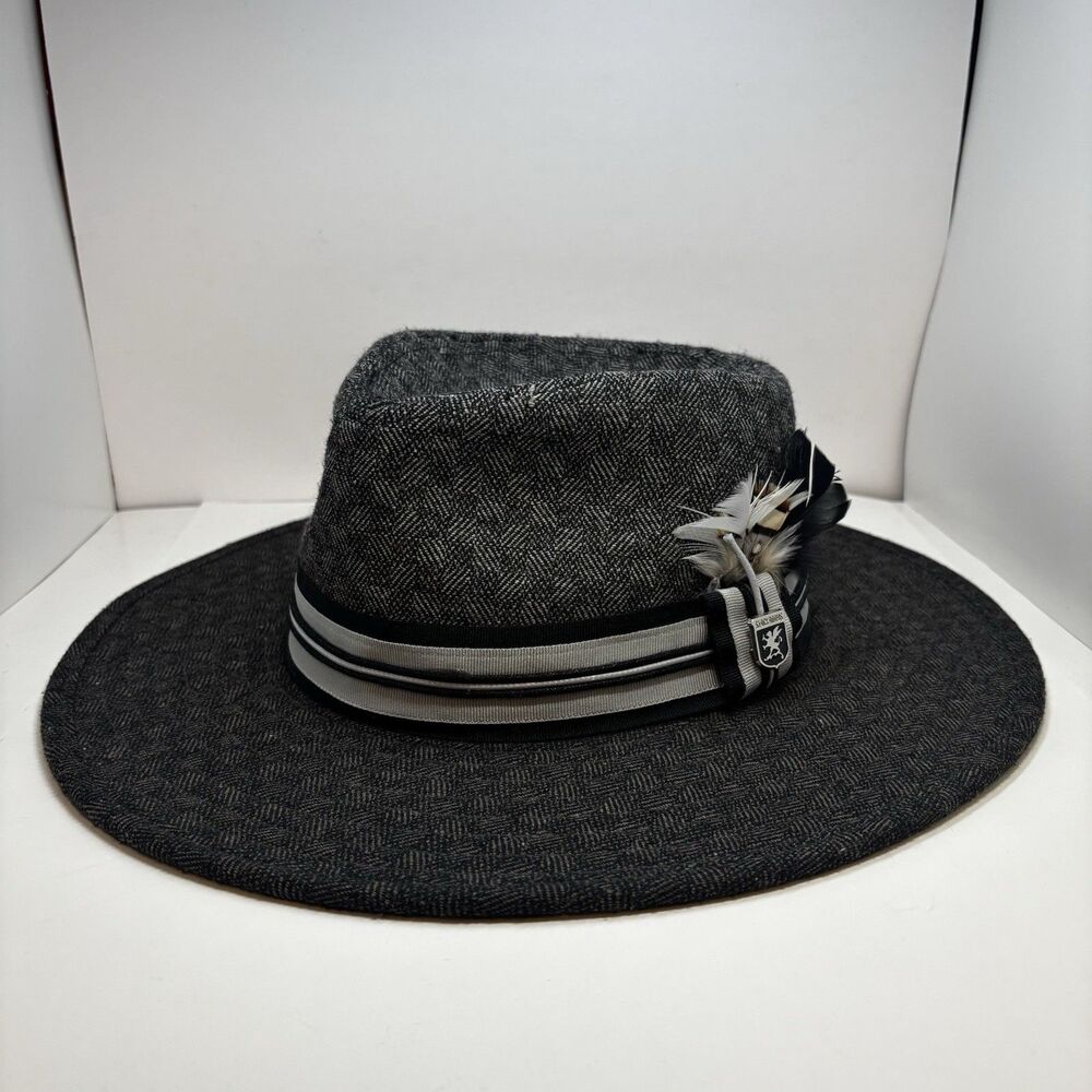 Stacy Adams Men’s Wool Blend Fedora Hat L Gray Wide Brim Dress Feather Pinch
